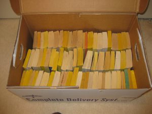 We received 1,000 books in the first shipment from Michael’s.  They came in bulk boxes containing 180 to 200 books.  My son brought these heavy duty storage boxes from where he works.  The stout cardboard with hand holds made it much easier to handle the books.  