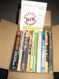 This is a standard shipment of 10 books, boxed with our H4H letter ready to be closed.  Every ten books include one Heinlein.  One or two of the books are fantasy.  